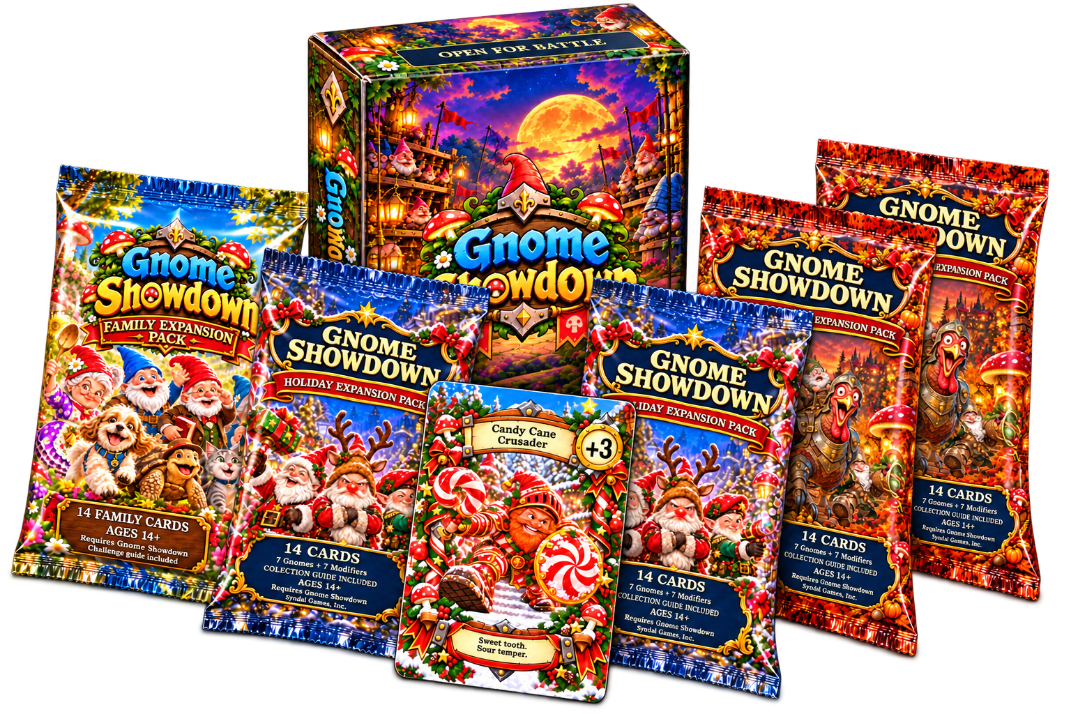 Combined product image: one base-game box, one Family pack, two Holiday packs, two Thanksgiving packs, and an included sample card