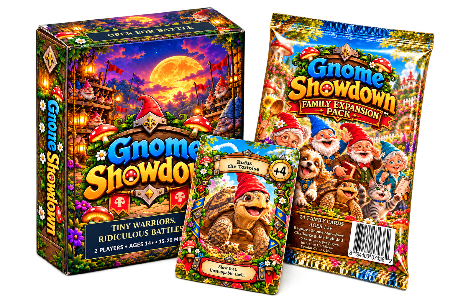 Combined product image: one Gnome Showdown card deck box, one Family Expansion foil pack, and Rufus the Tortoise as an included sample card