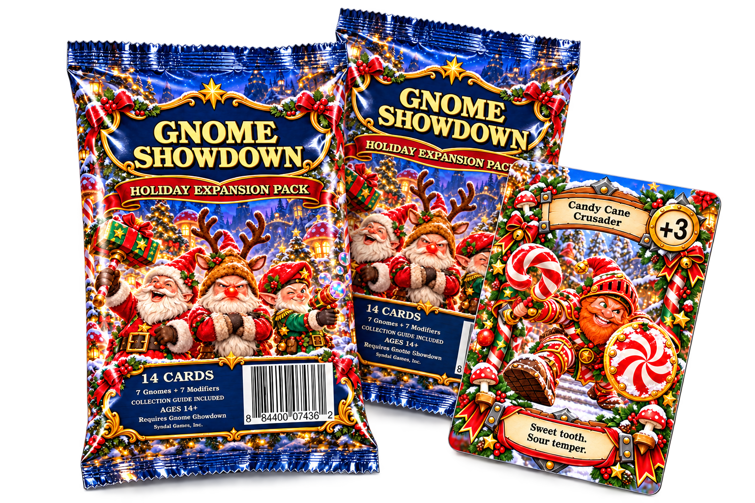 Combined product image: two Holiday Expansion foil packs and Candy Cane Crusader as an included sample card