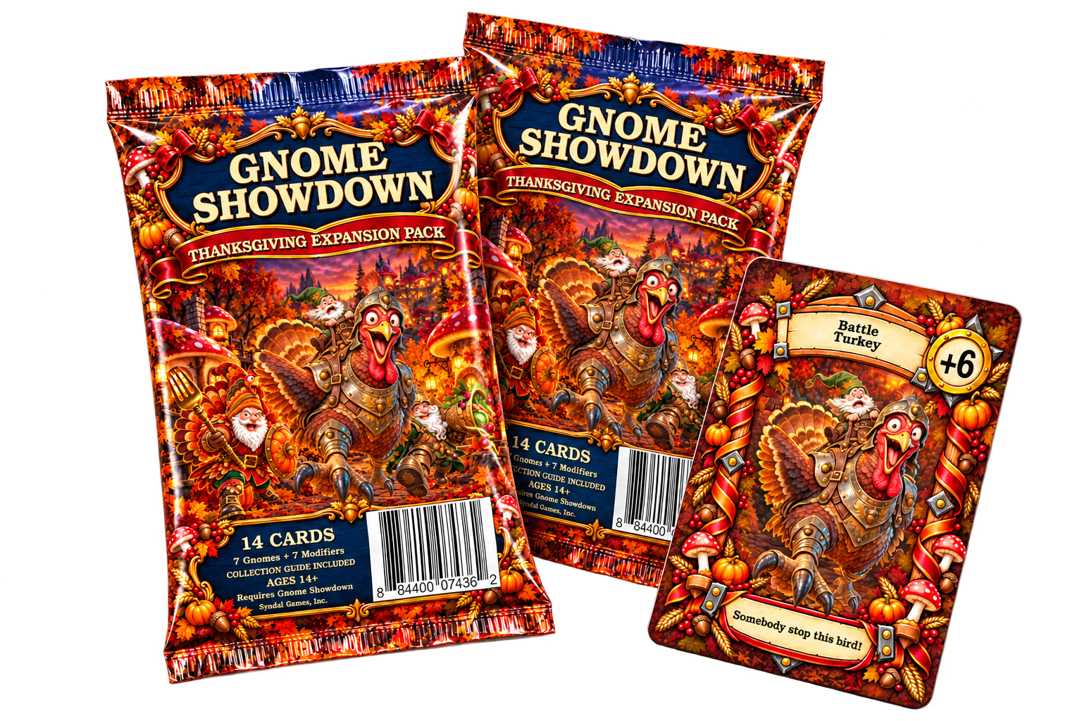 Combined product image: two Thanksgiving Expansion foil packs and Battle Turkey as an included sample card