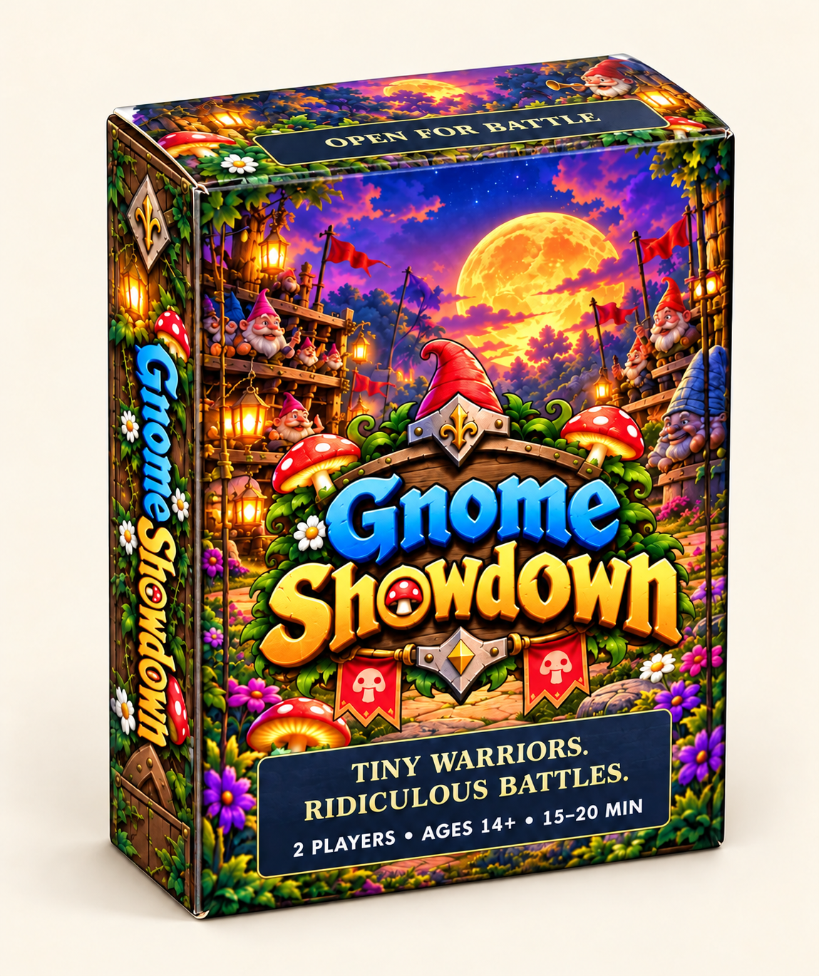 Three-dimensional Gnome Showdown card deck box mockup, showing the front, side and top